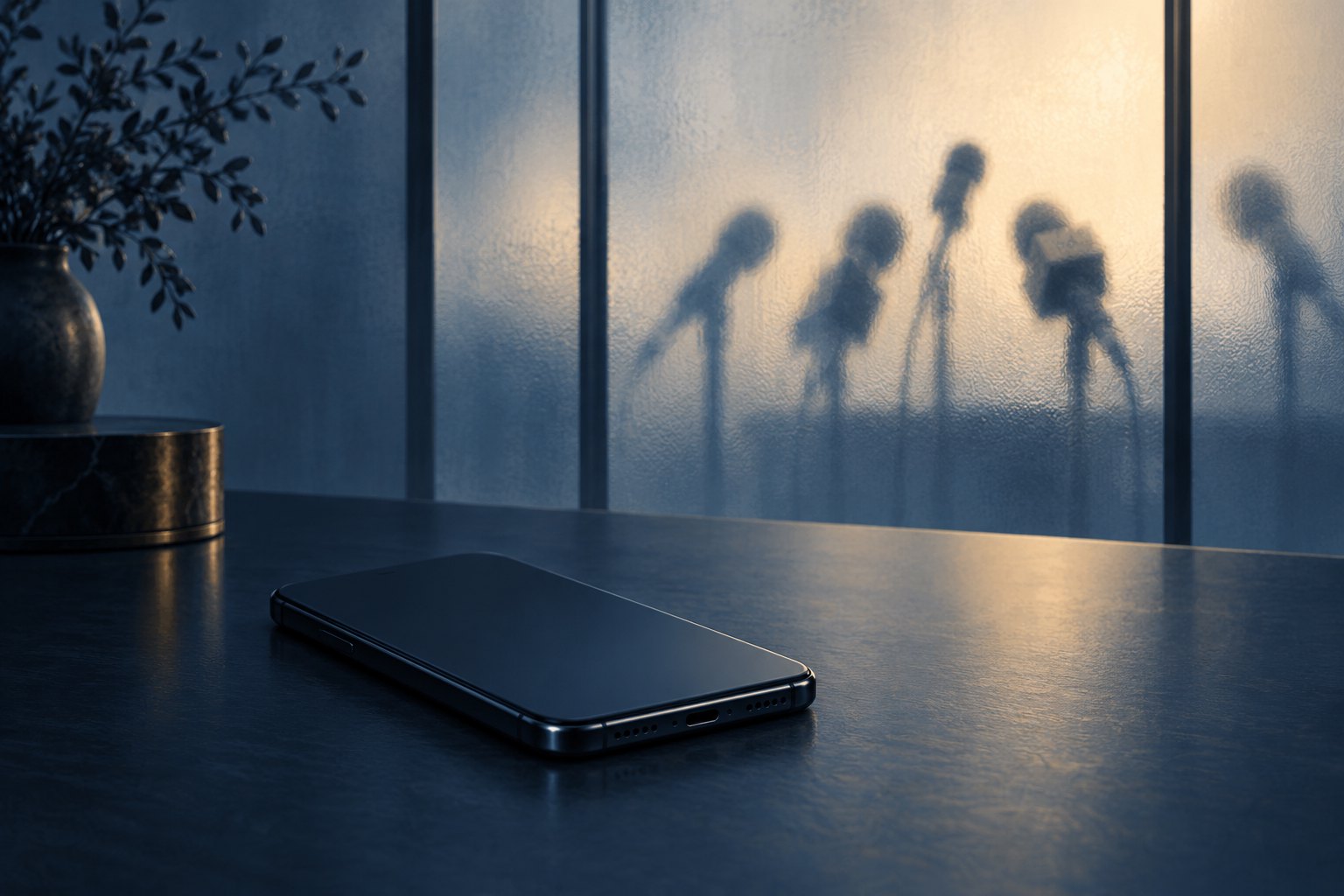 Conceptual illustration of a face-down smartphone on a blue tabletop with microphone silhouettes behind frosted glass.