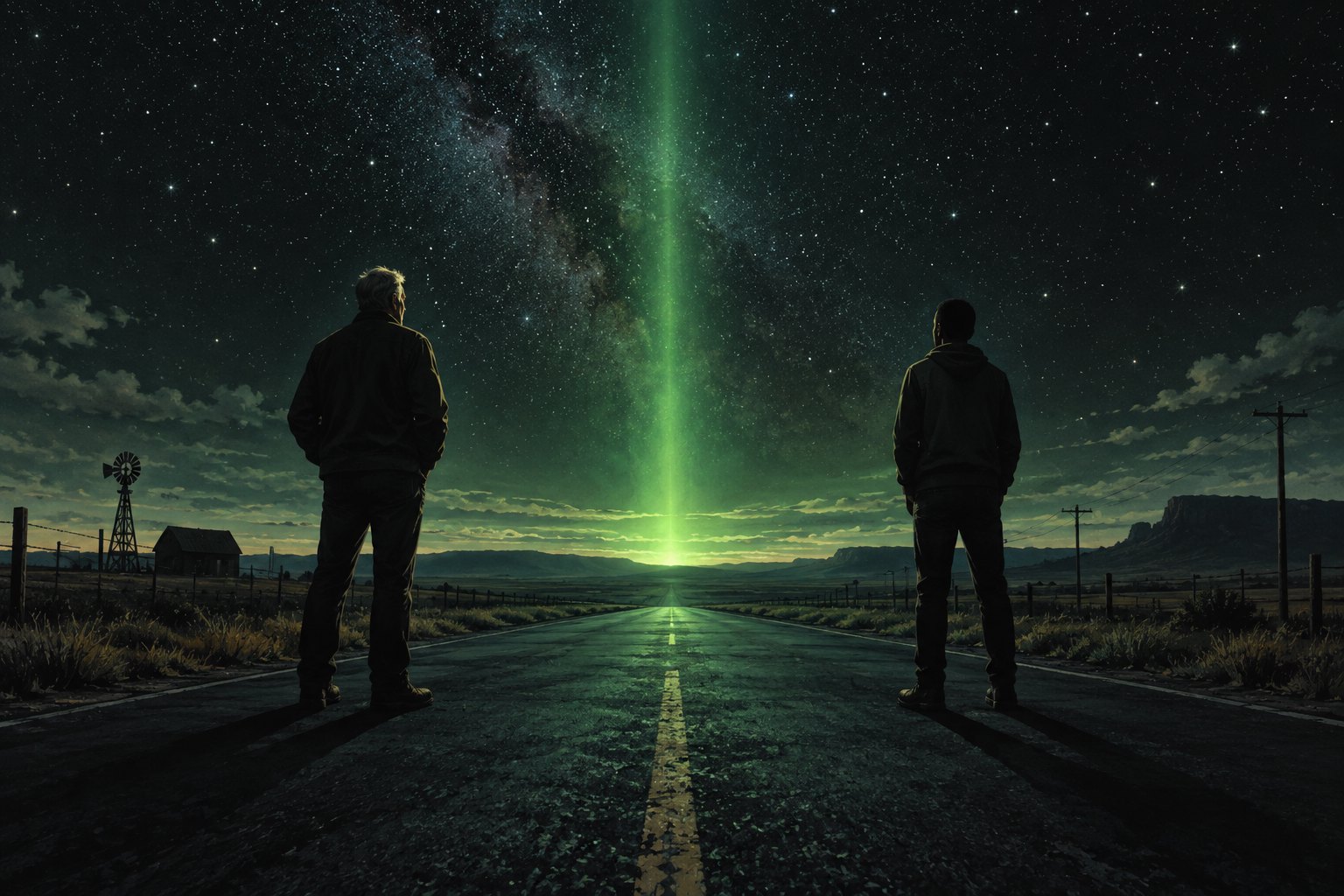 Symbolic illustration of two men on a rural road beneath a starry sky divided by an emerald beam of light.
