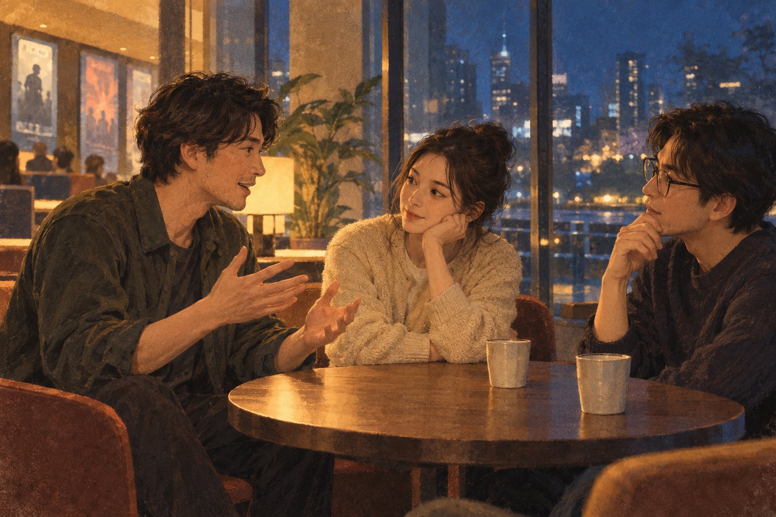 插画中,三位朋友在夜间休息区围坐圆桌,交流各自的观影感受
