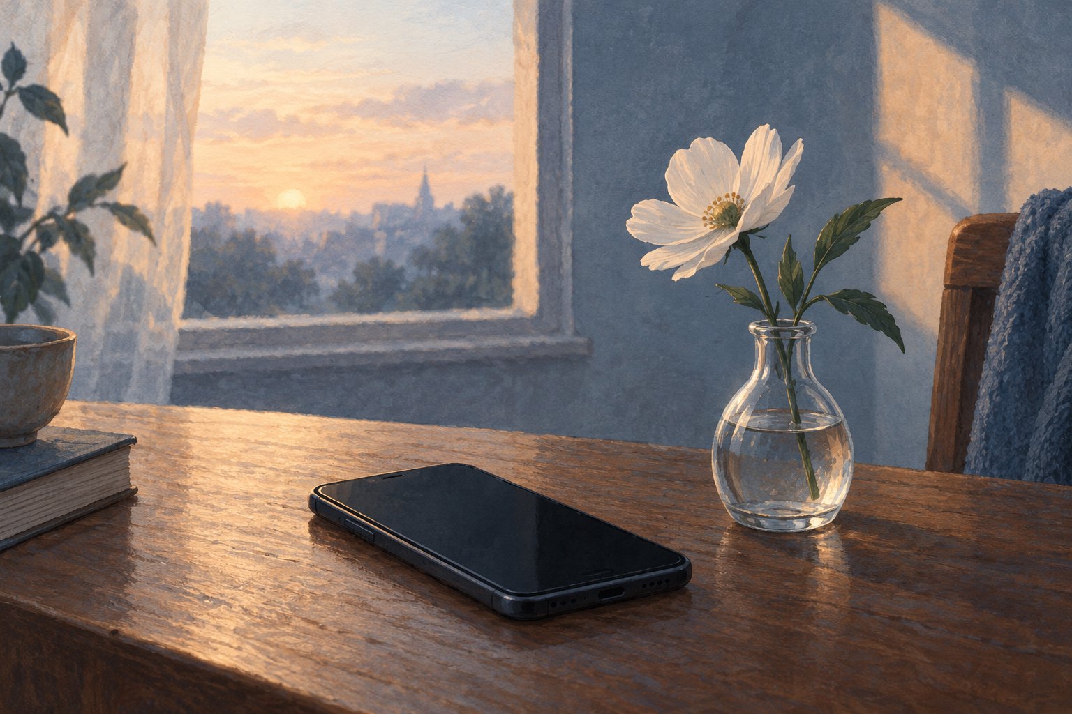 Symbolic illustration of a dark smartphone beside a white flower in a glass vase on a sunlit wooden table.