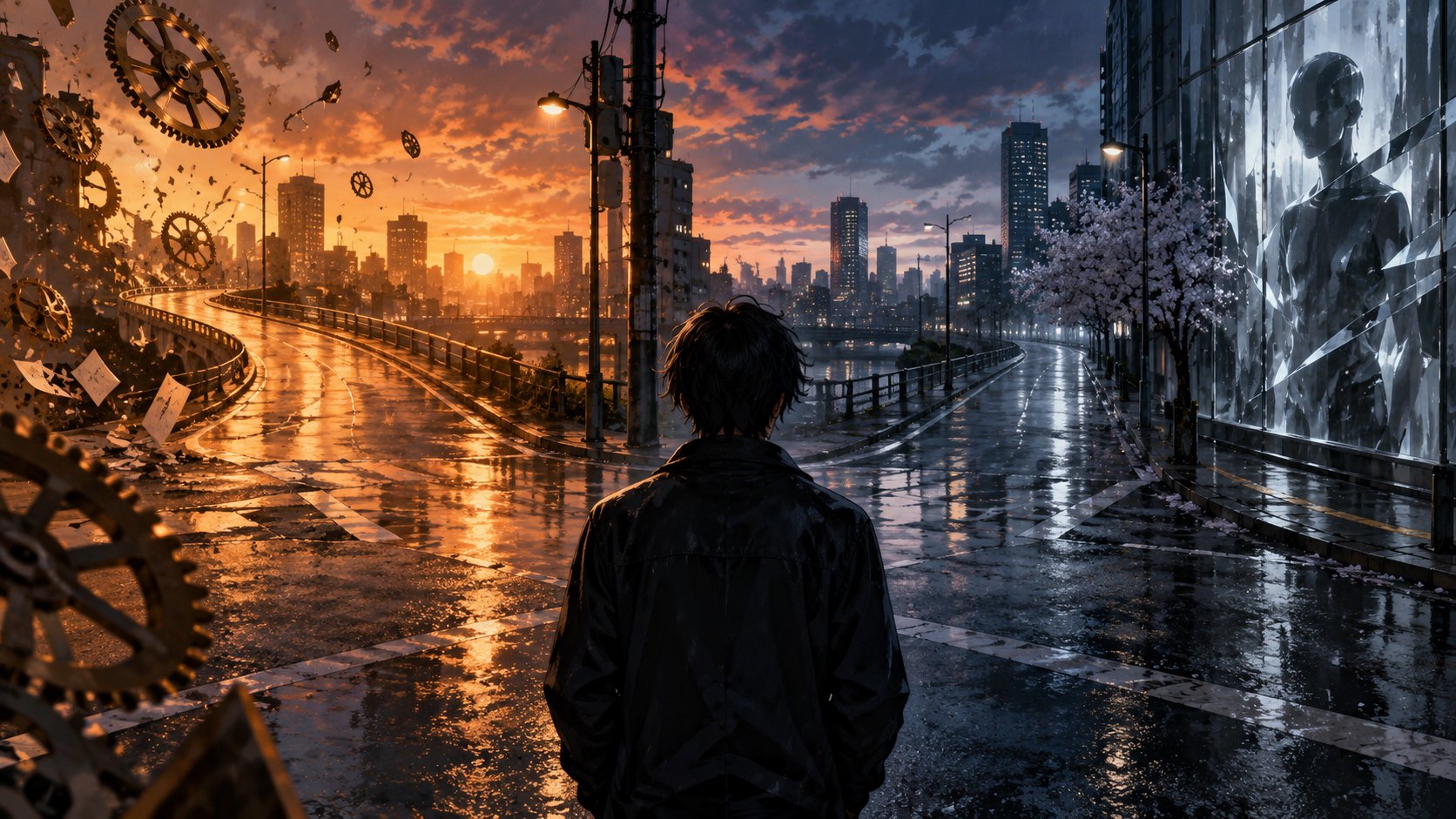 青年站在雨夜城市的岔路前，暖色時鐘碎片與冷色人形倒影象徵改變過去和尋找自我的選擇