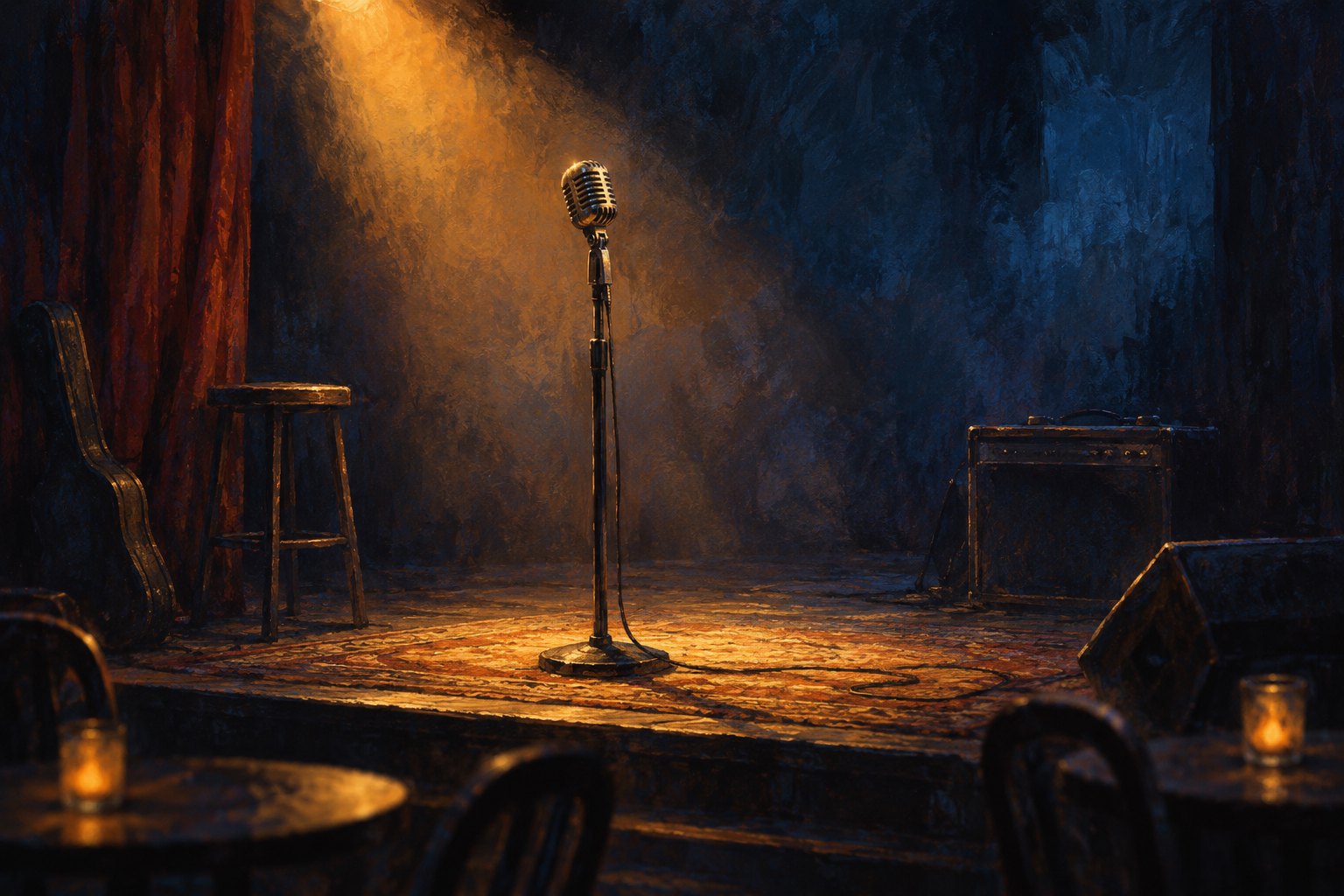 Conceptual illustration of a lone microphone on an empty concert stage under an amber spotlight.