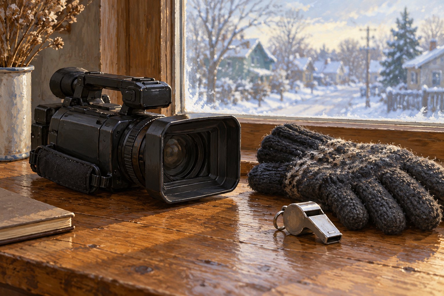 Conceptual illustration of a video camera, winter gloves, and a metal whistle beside a window overlooking a snowy neighborhood.