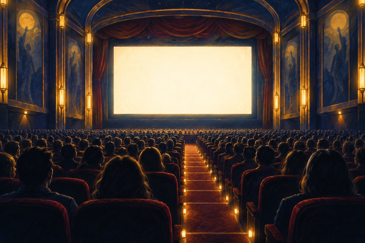 Painterly illustration of an audience facing a luminous blank screen inside a grand movie theater.