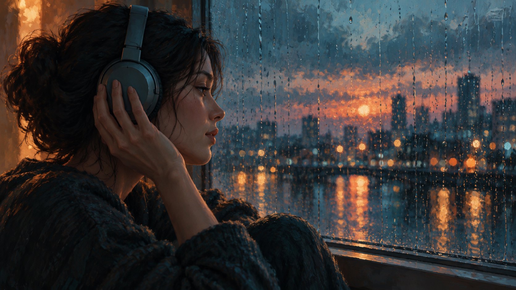 戴著耳機的聆聽者坐在雨窗旁,凝神感受歌曲情緒的概念插畫
