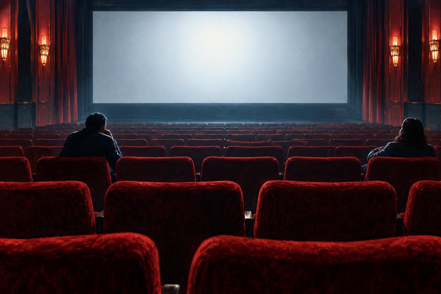 Conceptual illustration of two viewers sitting far apart in a nearly empty red-seated cinema facing a blank screen.