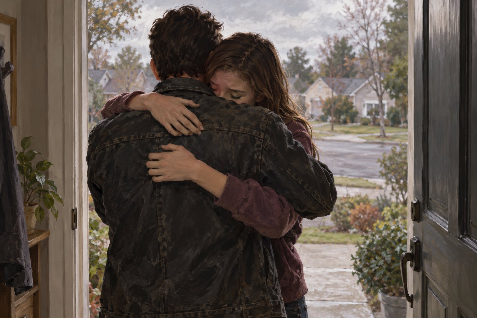 Painterly illustration of a father embracing his teenage daughter in a suburban doorway beneath an overcast sky.