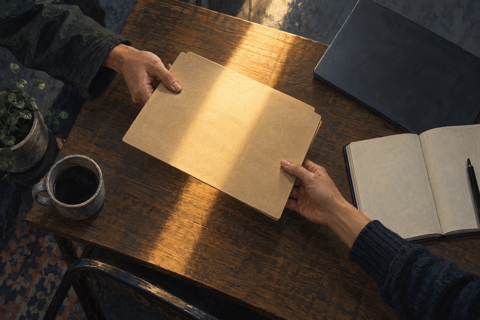Conceptual illustration of two people passing an unmarked folder across a wooden table beside a blank notebook and closed laptop.