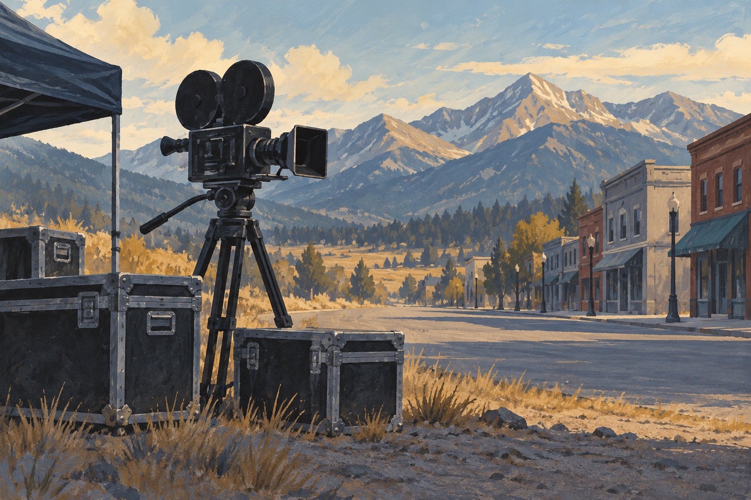 Conceptual illustration of an idle movie camera and equipment cases beside a mountain town street.