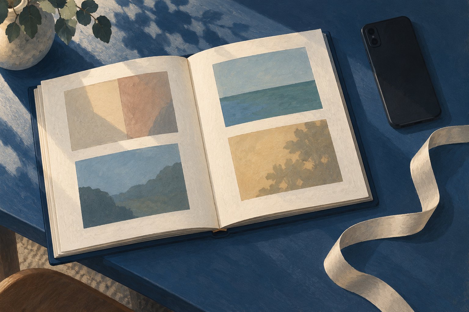 Conceptual illustration of an open album with abstract pictures beside a face-down smartphone and a cream ribbon on a blue desk.