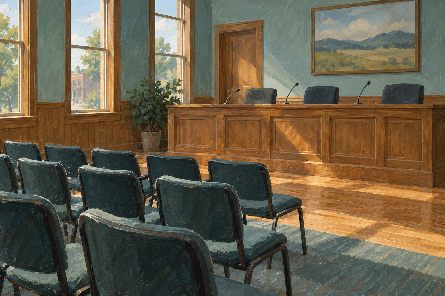 Conceptual illustration of an empty municipal meeting room with wooden desks, microphones, and rows of chairs.