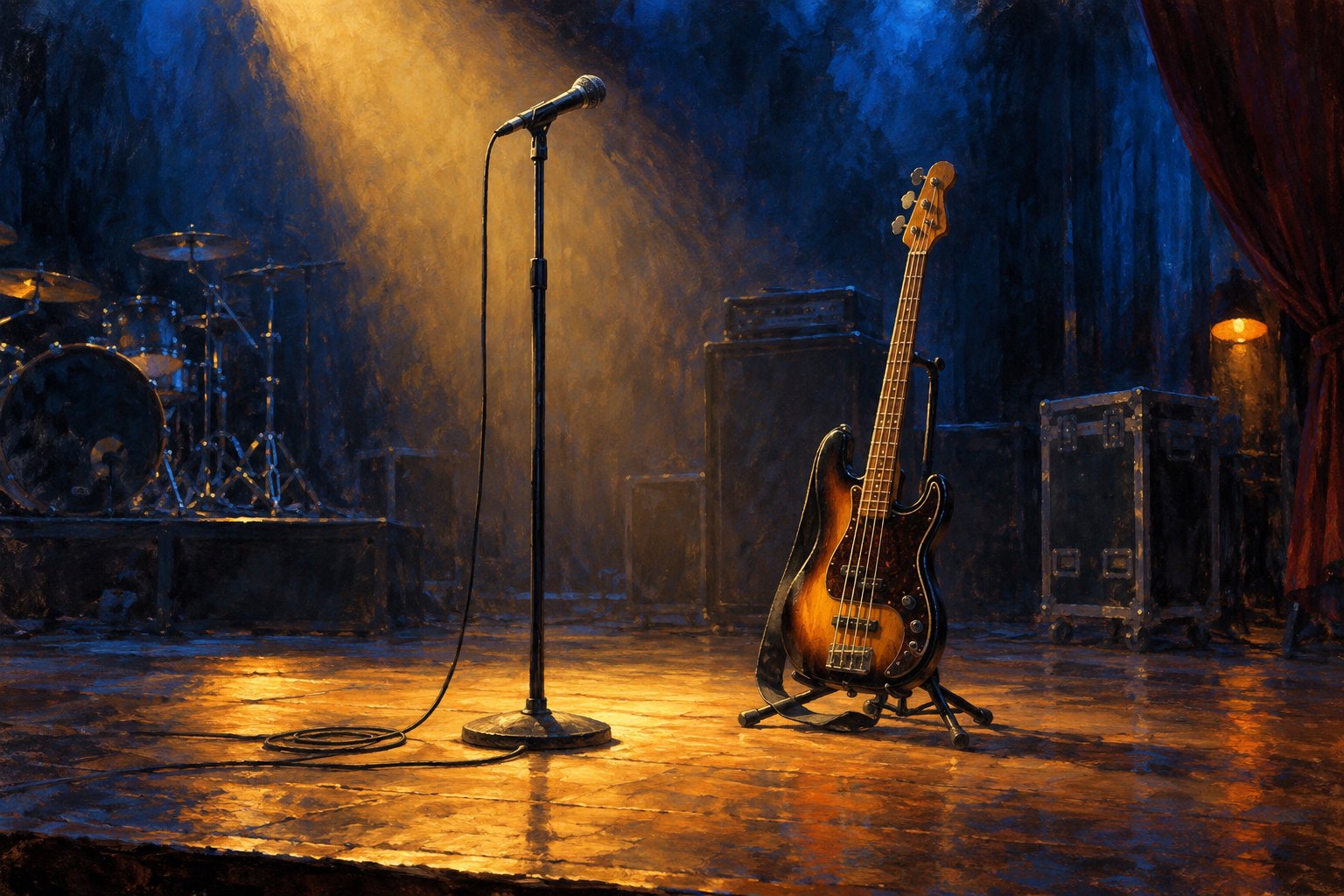 Painterly illustration of a microphone and bass guitar on an empty stage under amber and blue lighting.