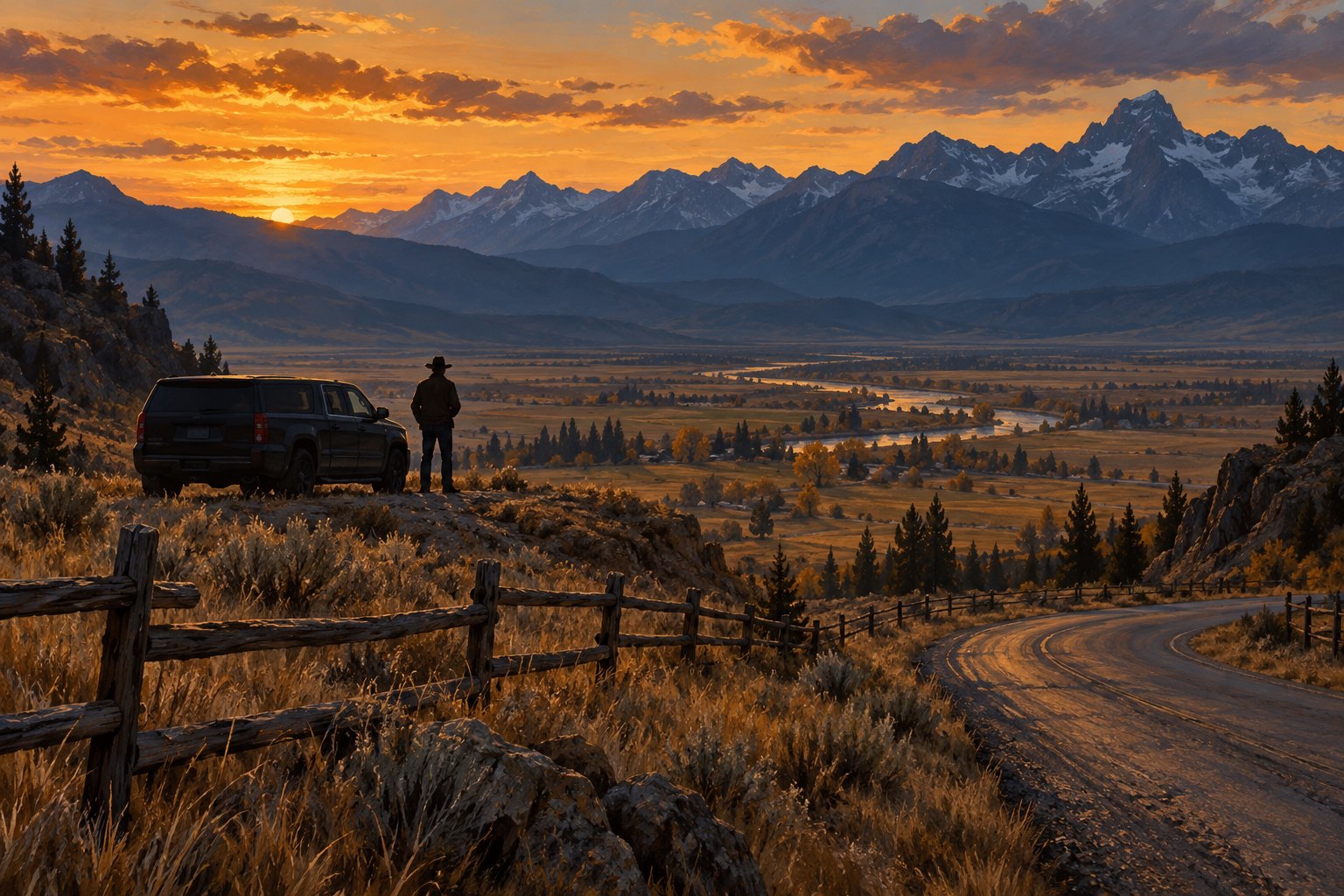 Conceptual Western illustration of a lone cowboy beside a dark SUV overlooking a mountain valley at sunset.