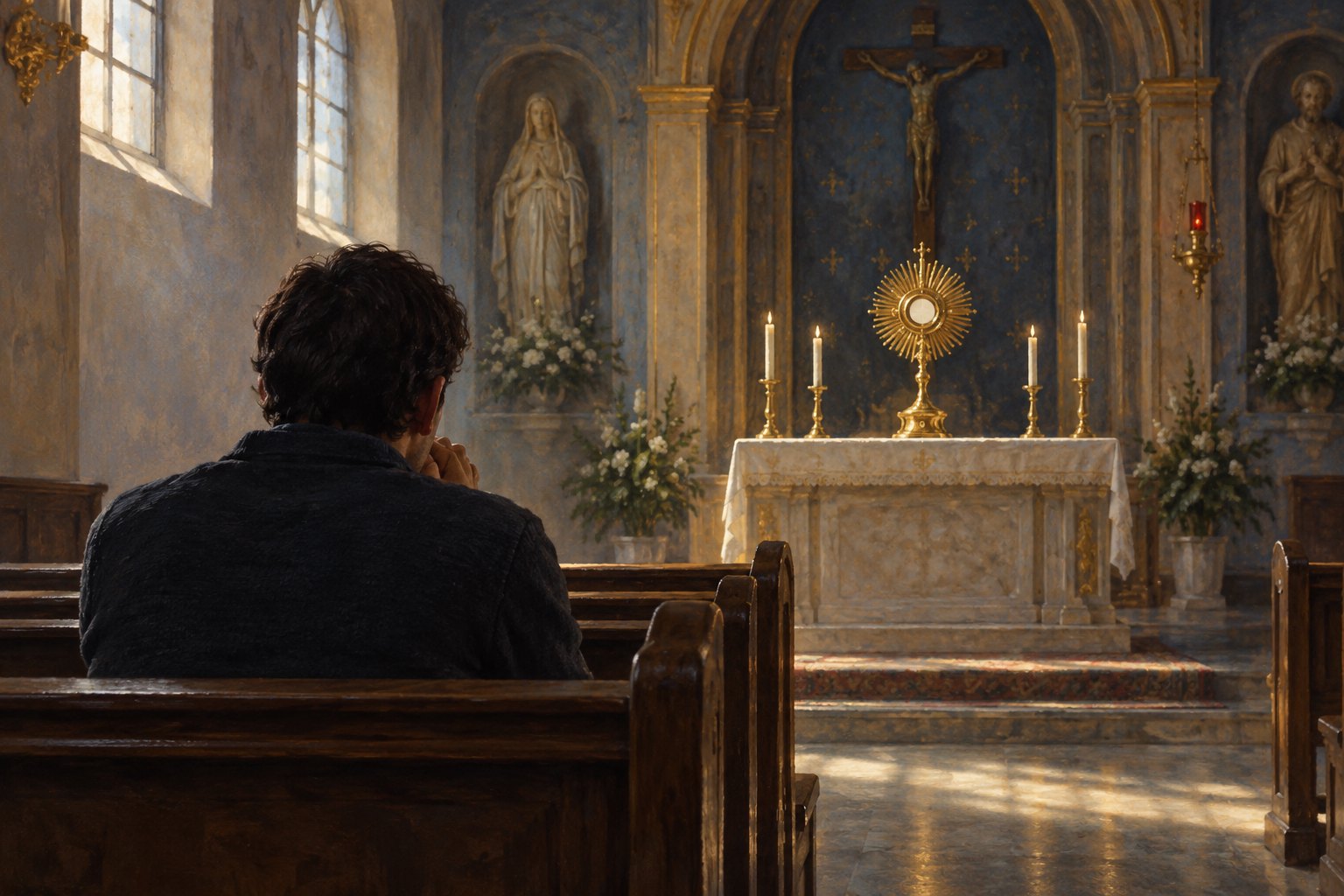 An original illustration of a worshipper seated in a sunlit chapel facing a gold monstrance on the altar.