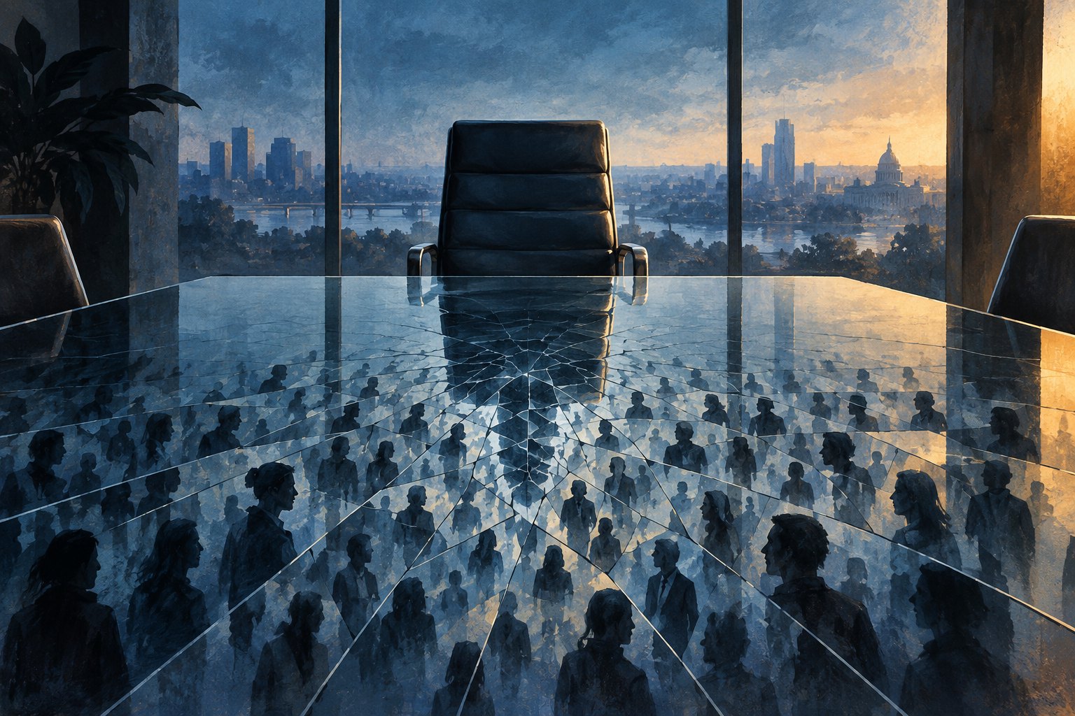 Conceptual illustration of an empty executive chair behind a fractured glass table reflecting a network of human silhouettes.