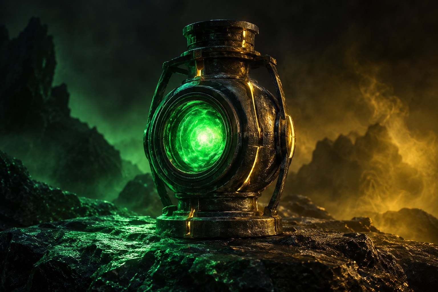 Conceptual illustration of a weathered lantern glowing green amid amber mist on dark stone.