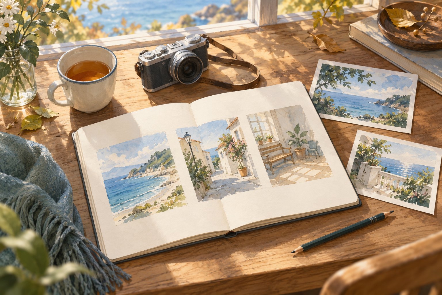 行程规划概念插画：木桌上的旅行手账画着海岸、街角与长椅，旁边放着相机和茶杯
