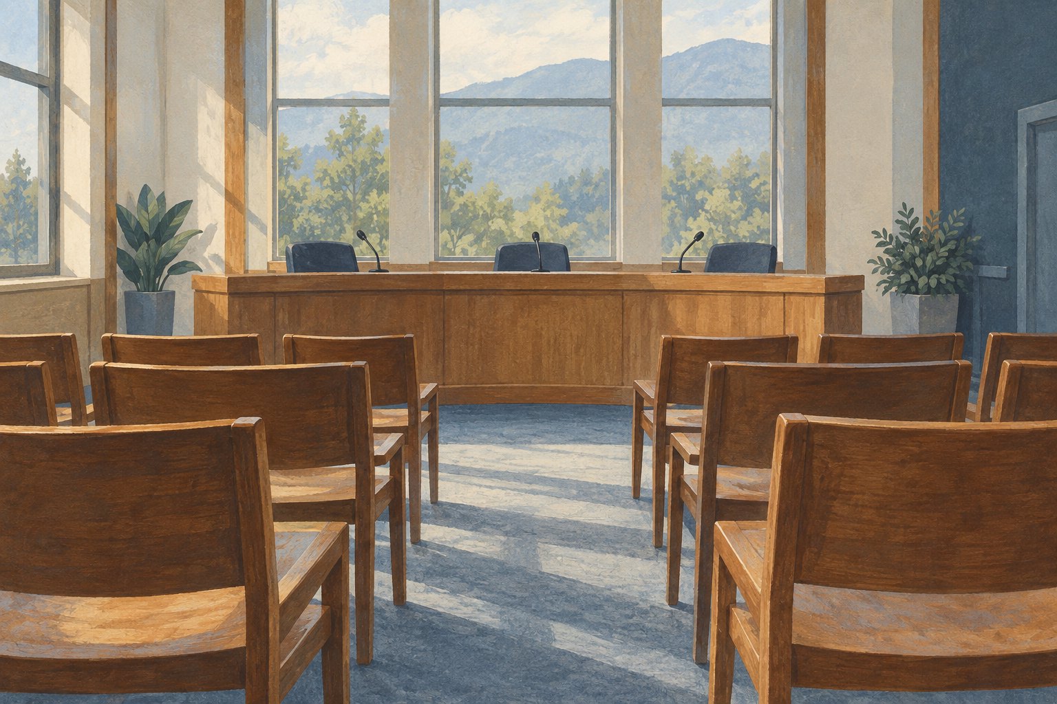 Conceptual illustration of an empty public meeting room with wooden audience chairs facing a council desk and microphones.