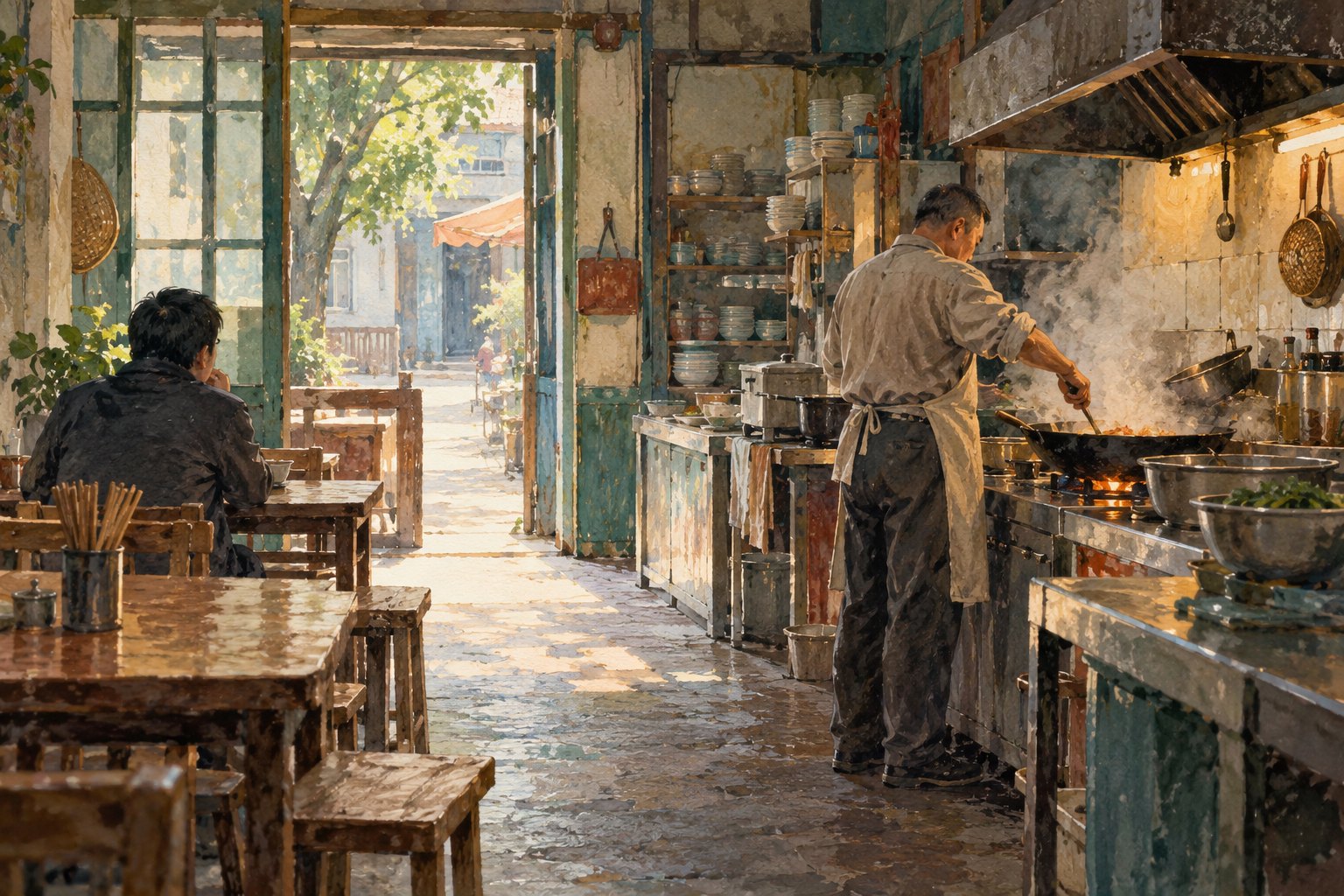 概念插画:厨师在小餐馆灶前烹饪,食客坐在门边安静等候