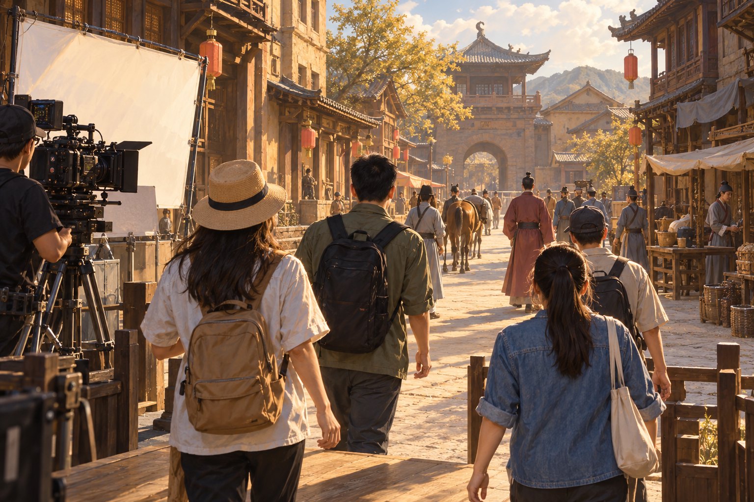 游客走向设有摄影机与反光板的影视布景街道,片场体验概念配图,非乐陵影视城实景