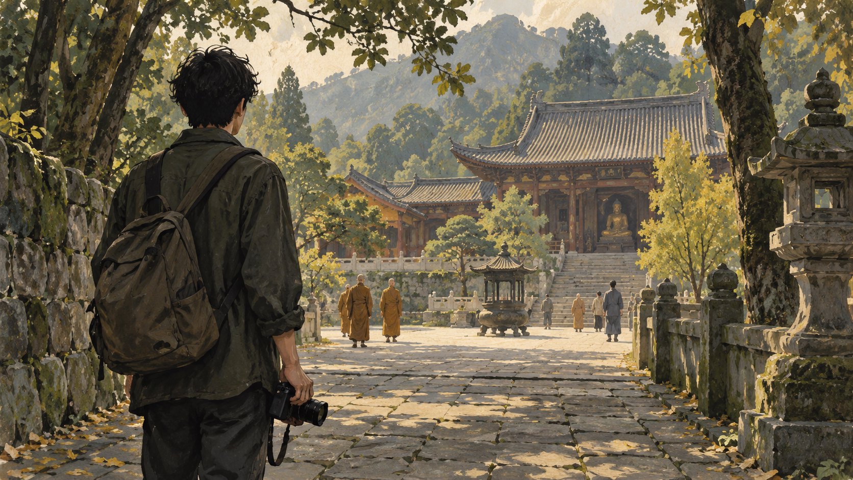 創作者手持攝影機走向綠蔭中的寺院庭園，呈現參訪與觀察主題的概念插畫，非活動實景