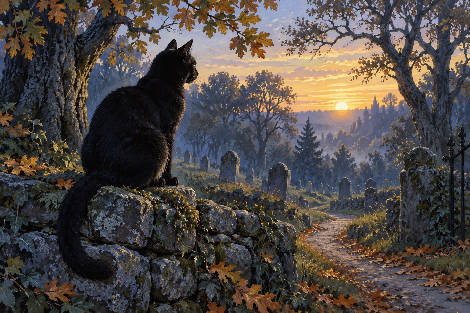 Illustration of a black cat perched on a weathered cemetery wall overlooking a winding path at dawn.