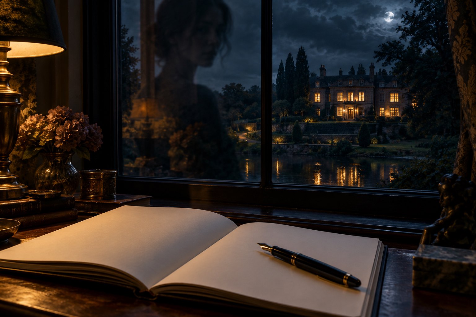 Conceptual illustration of an open notebook beside a window reflecting a woman, with an illuminated country house beyond.