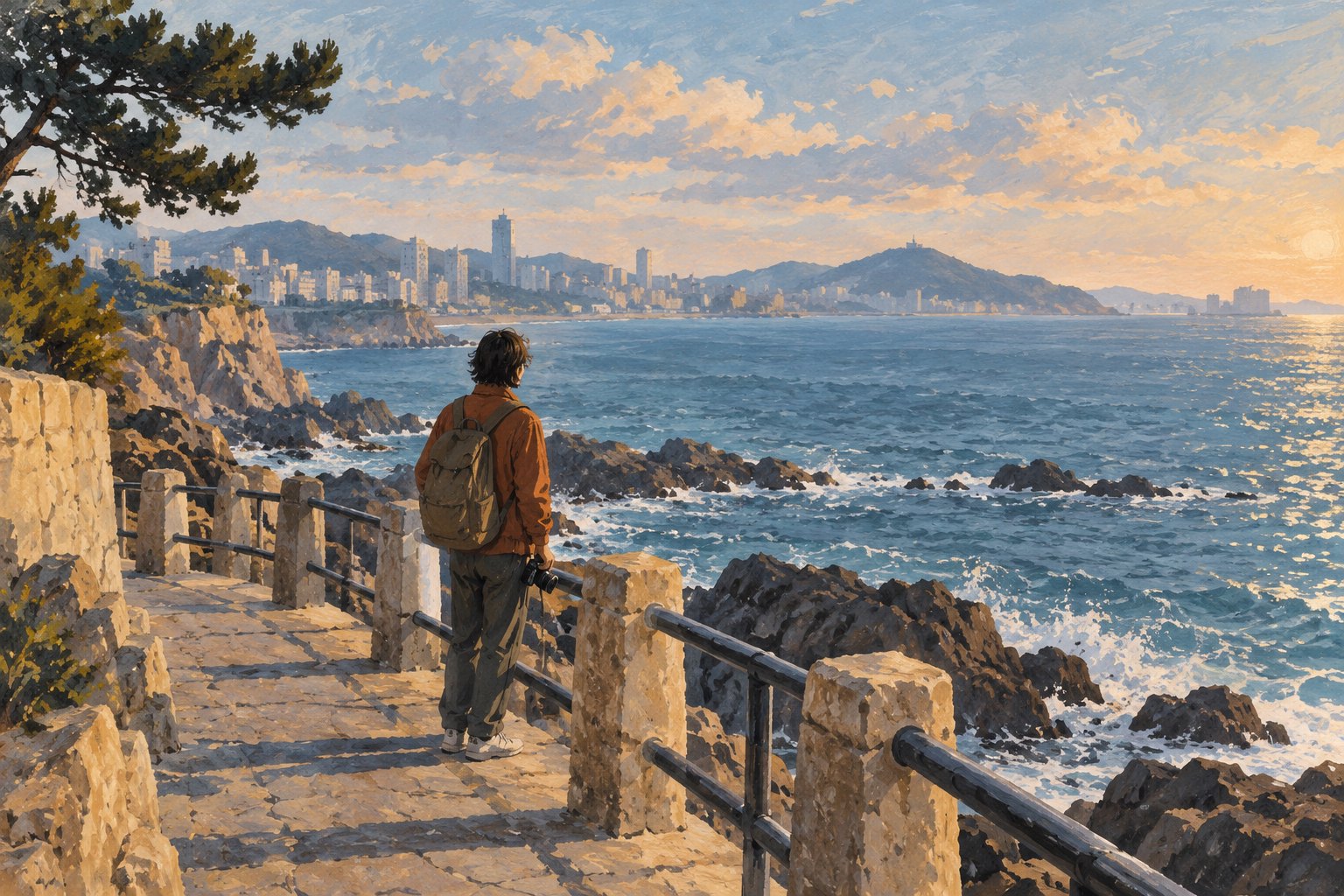 海滨步道上，一名手持相机的旅人面向海面与远处城市的横版情境插画