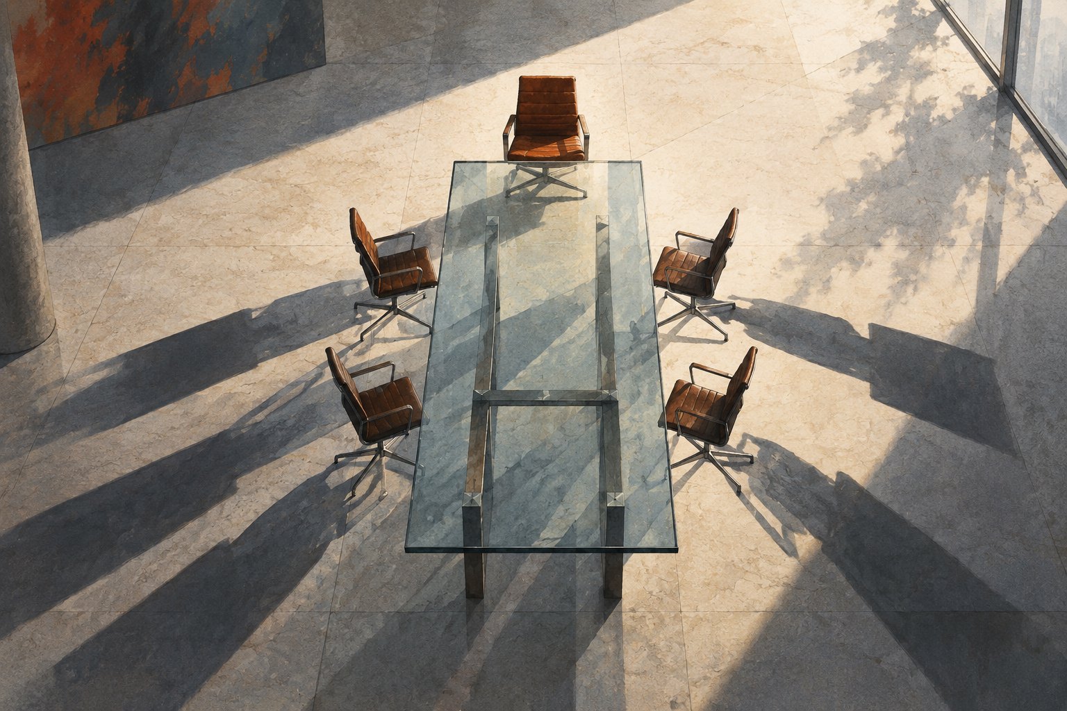 Conceptual illustration of empty chairs around a glass boardroom table, casting long shadows across a sunlit stone floor.