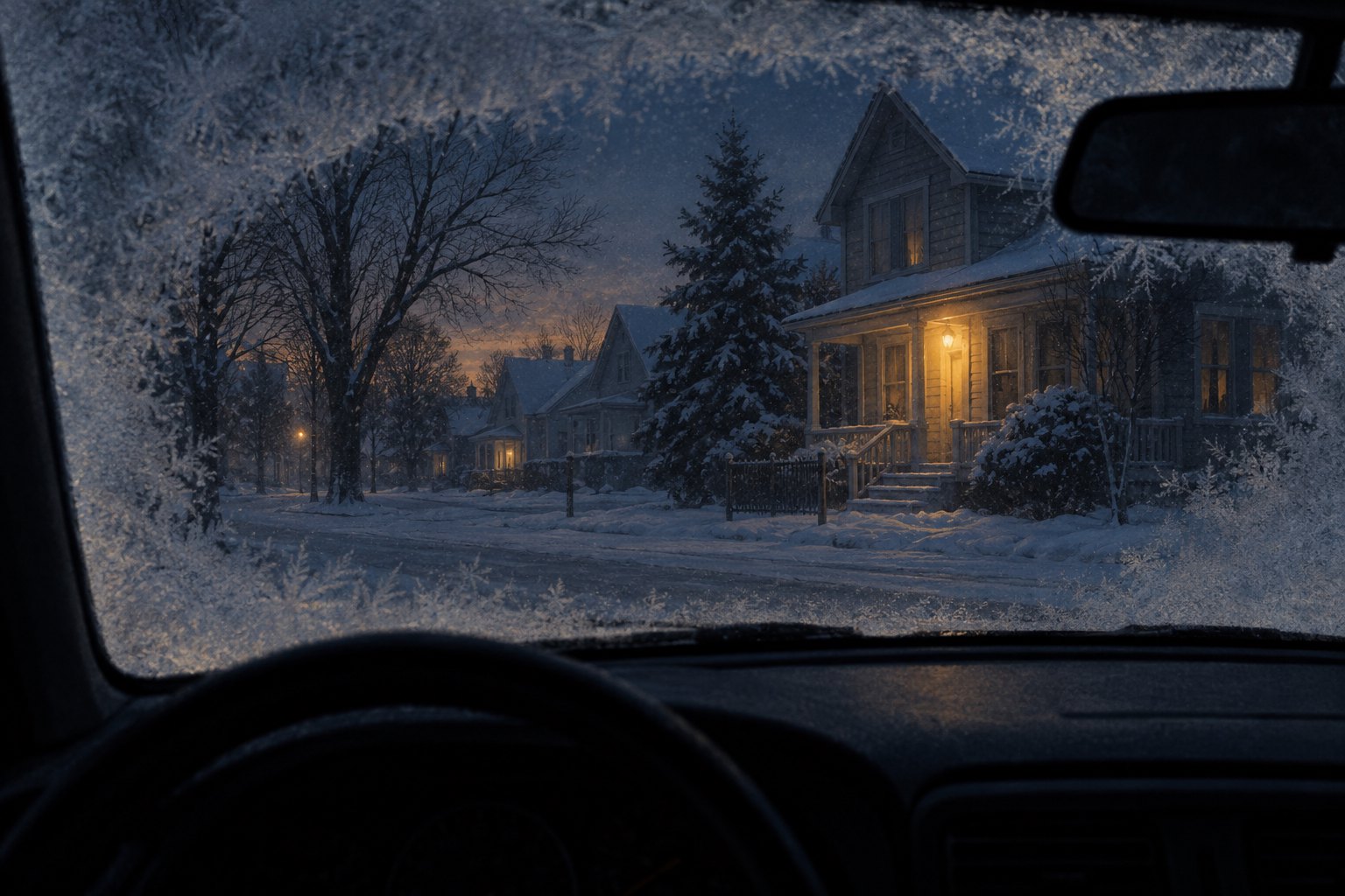 Conceptual illustration of a snowy residential street seen through a frosted car windshield at dusk.