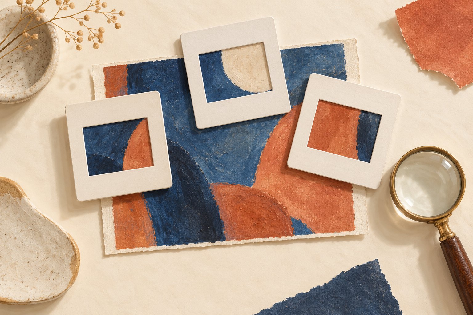 Conceptual illustration of three slide frames revealing different portions of blue and terracotta artwork beside a magnifying glass.