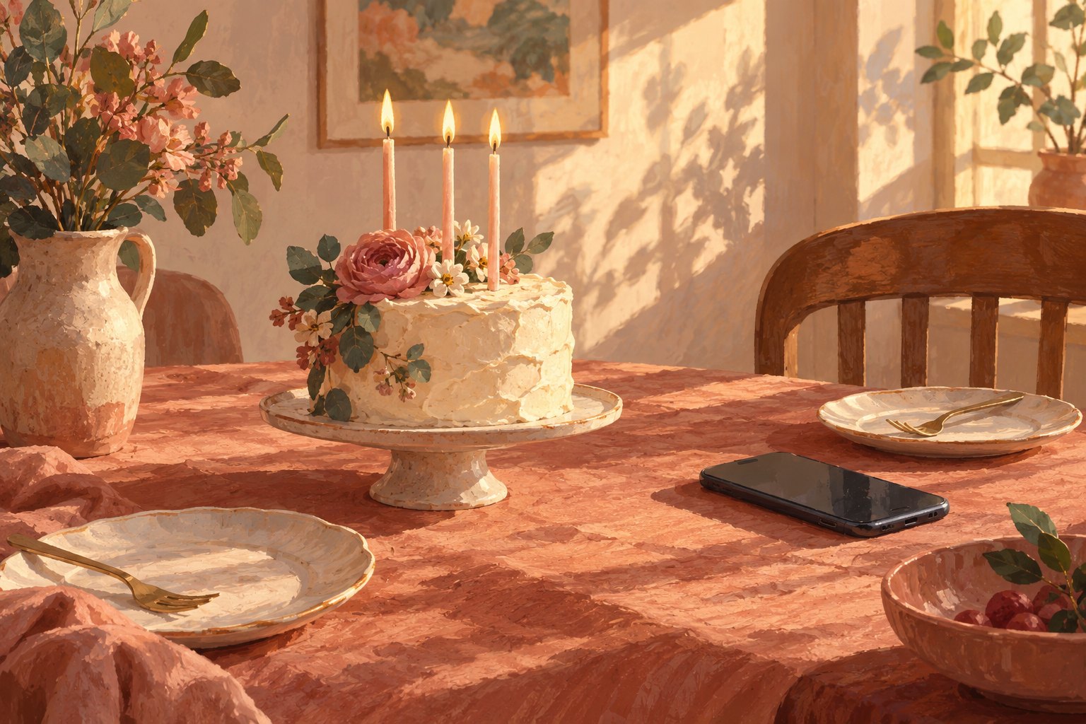 Editorial illustration of a birthday cake with three lit candles, a smartphone, and dessert plates on a sunlit table.