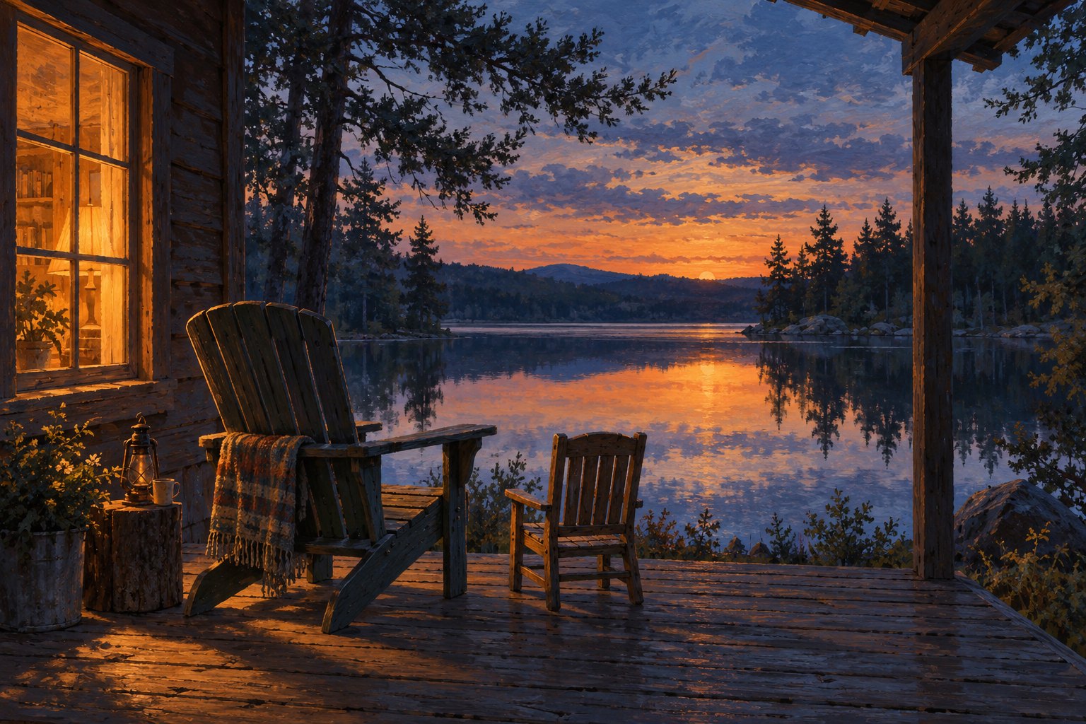 Painterly illustration of two empty chairs on a lakeside cabin porch at dusk.