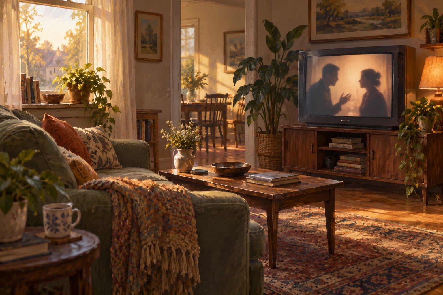 A painterly living room with an empty sofa facing a television showing two fictional figures in conversation.