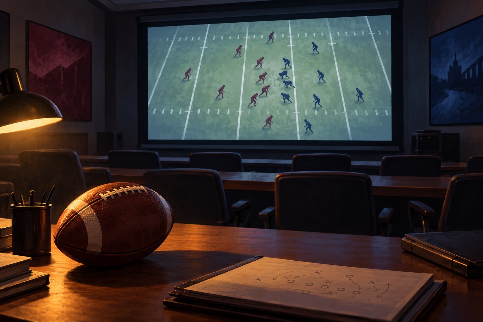 Conceptual illustration of an empty football film room with a football on a desk and player silhouettes projected on a screen.