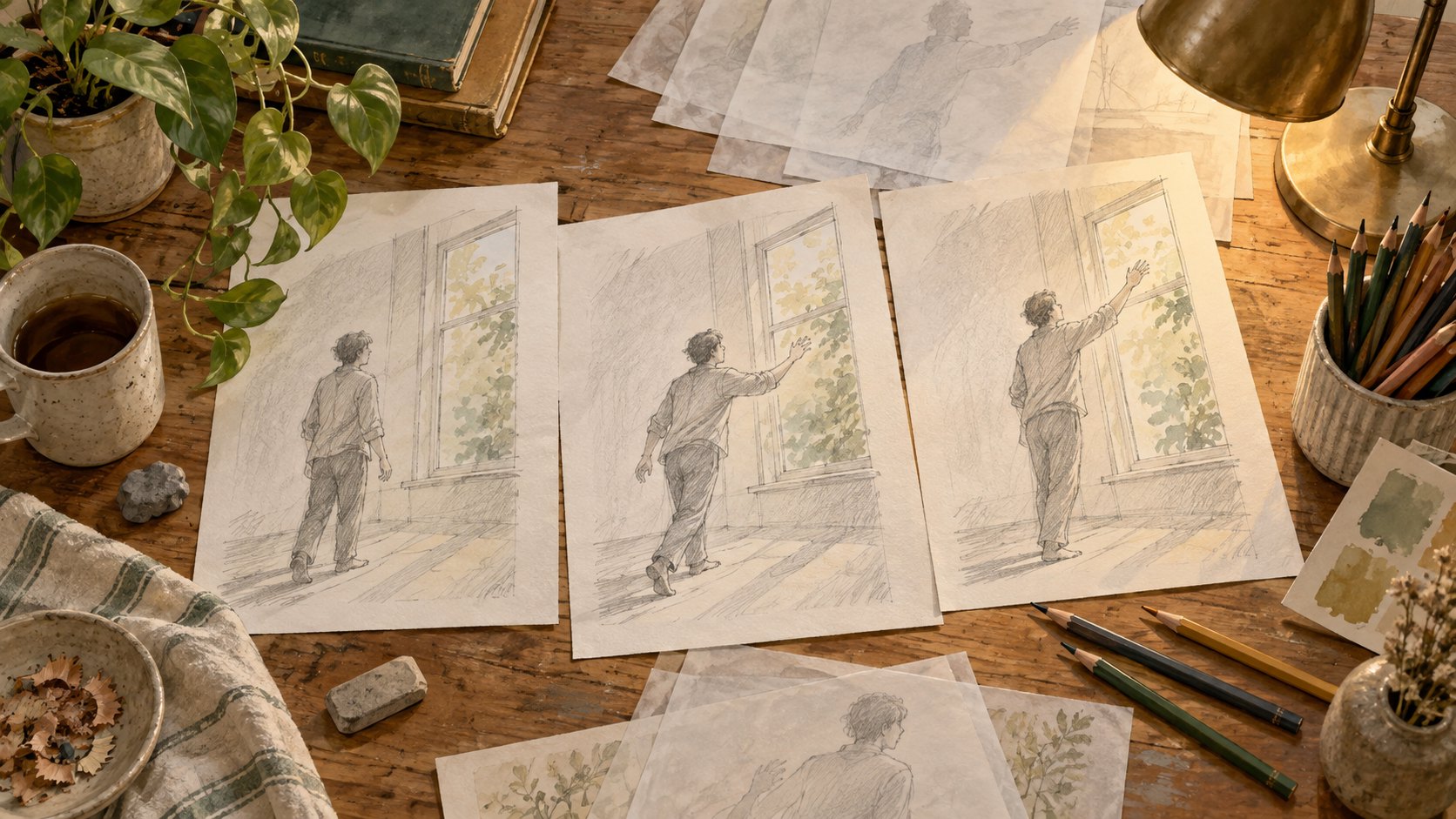木桌上的連續人物動作素描與色鉛筆,呈現動畫表演的概念插畫,非本片製作資料