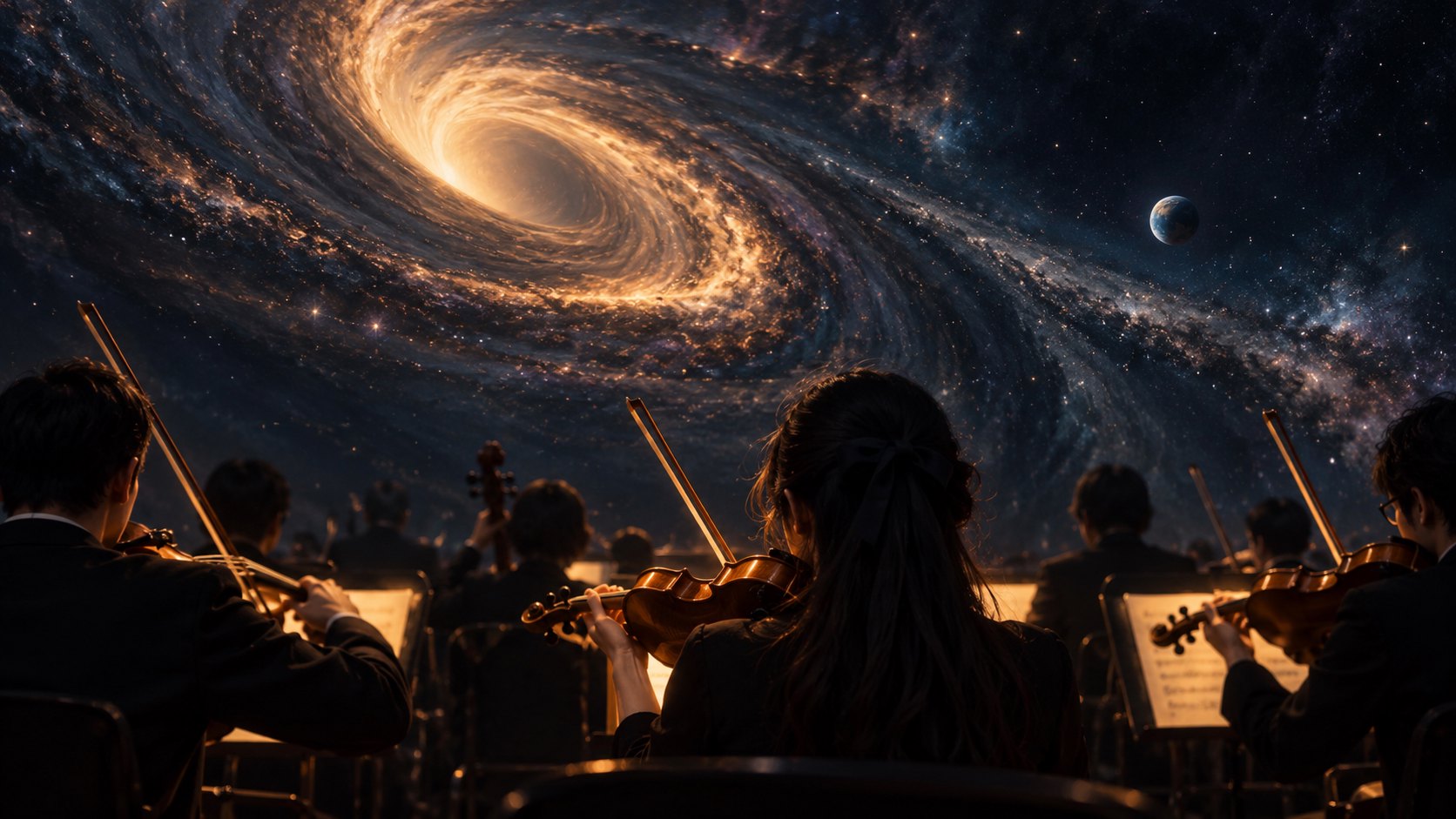 想像中的交響樂團面向遼闊星空演奏，暖色弦樂與深藍宇宙交織