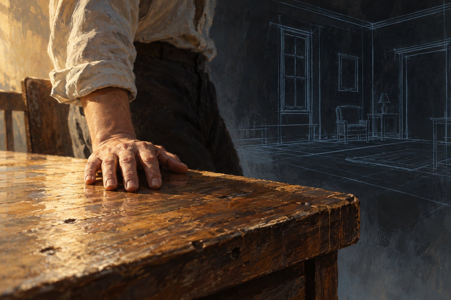 Conceptual illustration of a performer's hand touching a wooden table as the surrounding room dissolves into architectural outlines.