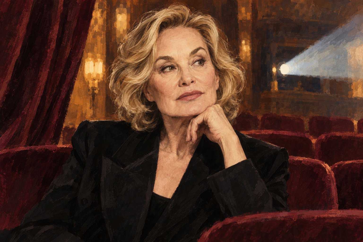 Painted portrait of Jessica Lange seated among burgundy cinema chairs beneath a soft projection beam.