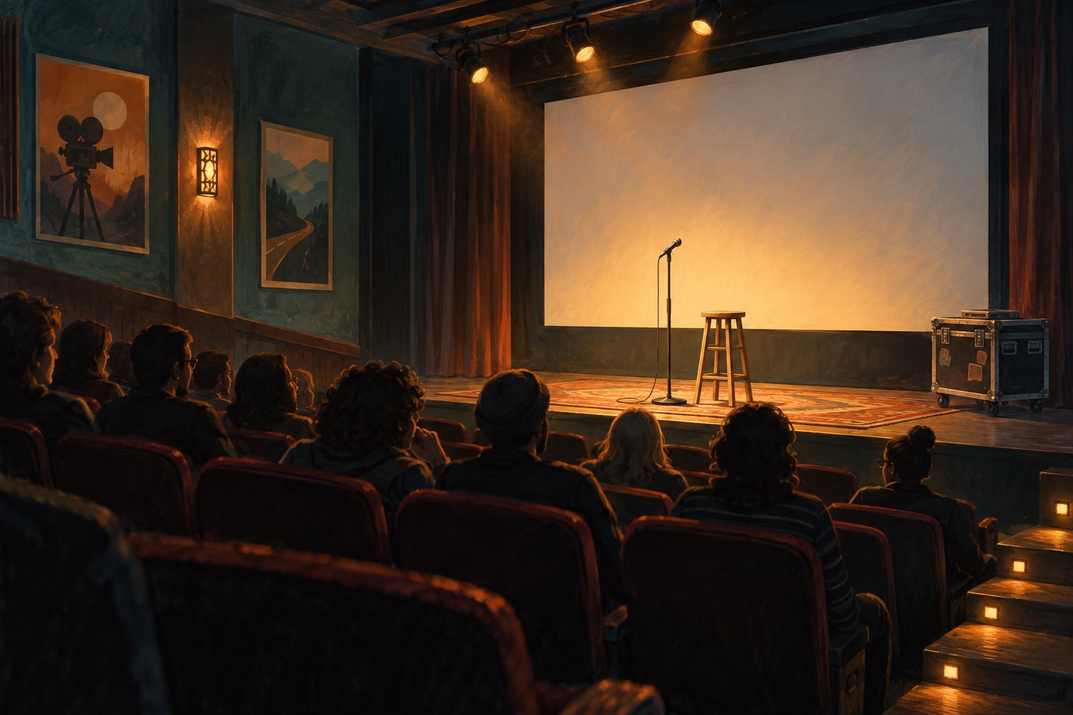 Conceptual illustration of an audience facing a cinema stage with an empty stool, microphone stand, and equipment case.