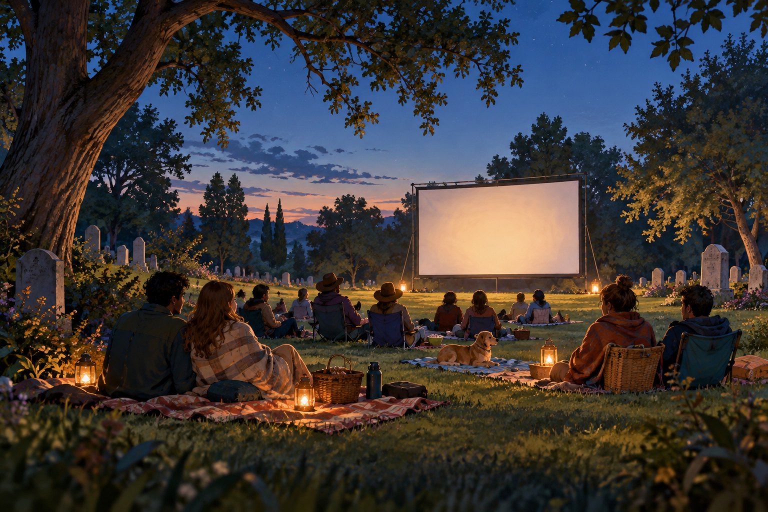 Concept illustration of an outdoor cemetery cinema at twilight, with picnic blankets, seated viewers, and a blank illuminated screen.