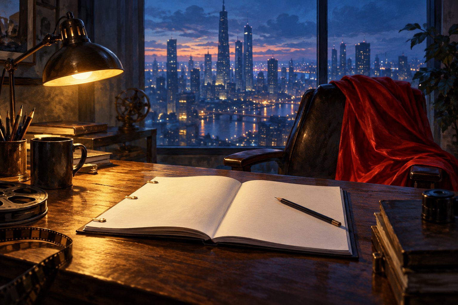 Conceptual illustration of an open notebook on a filmmaker’s desk beside a red cape, with a city skyline beyond the window.