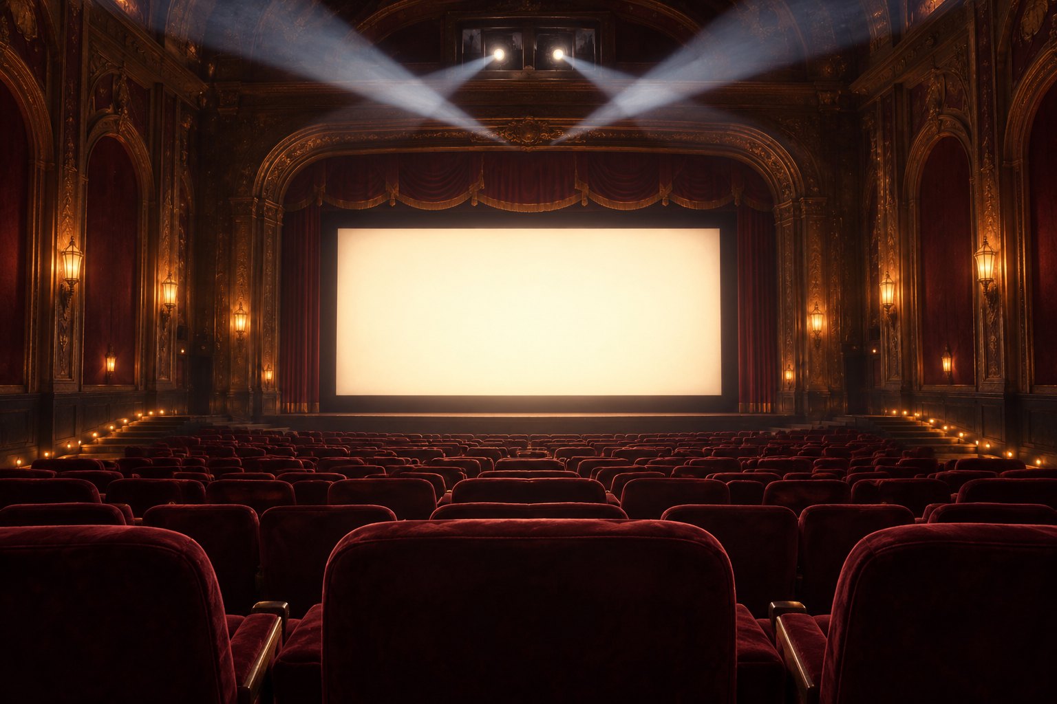 Illustration of an empty ornate movie theater with burgundy seats, a glowing blank screen, and intersecting projection beams.