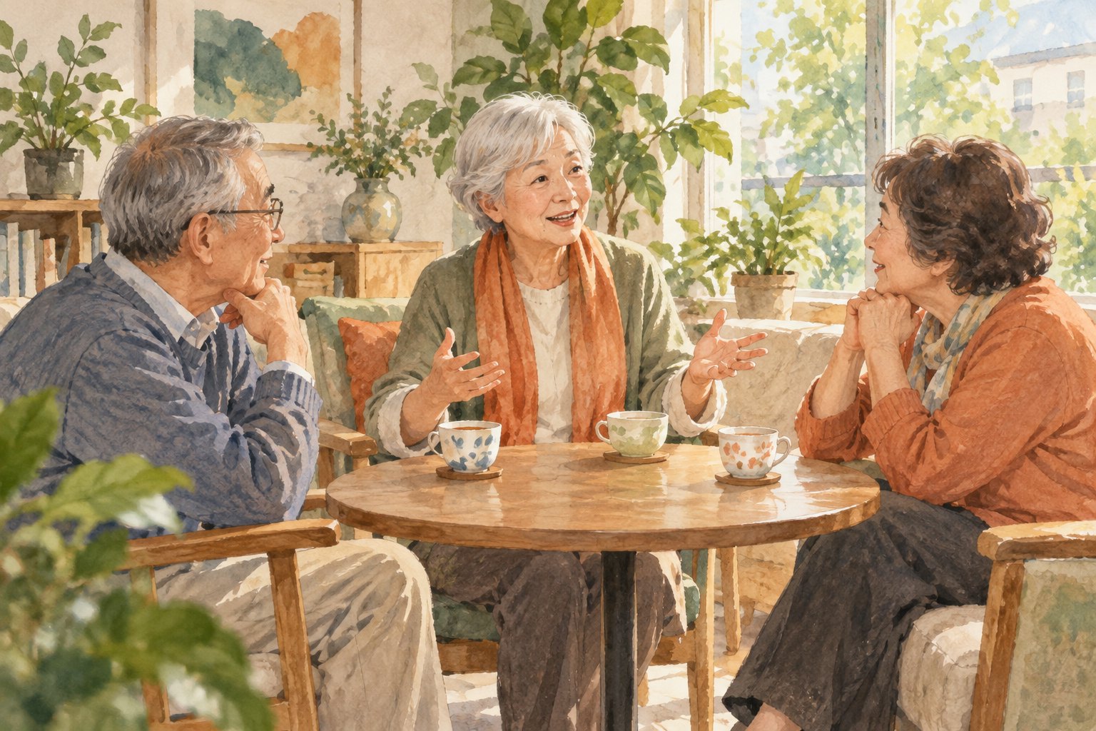 原创插画:三位老年朋友围坐社区会客室的圆桌,交流观影感受