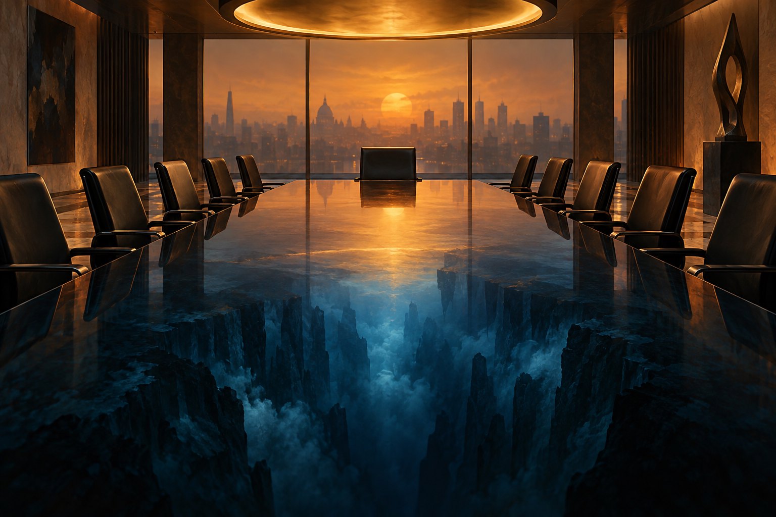 Conceptual illustration of an empty amber-lit boardroom with a blue abyss reflected in its conference table.