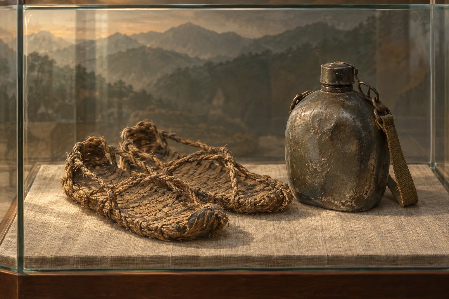 长征主题物件示意插画:玻璃展柜中的草鞋与旧水壶,背景叠映山岭光影