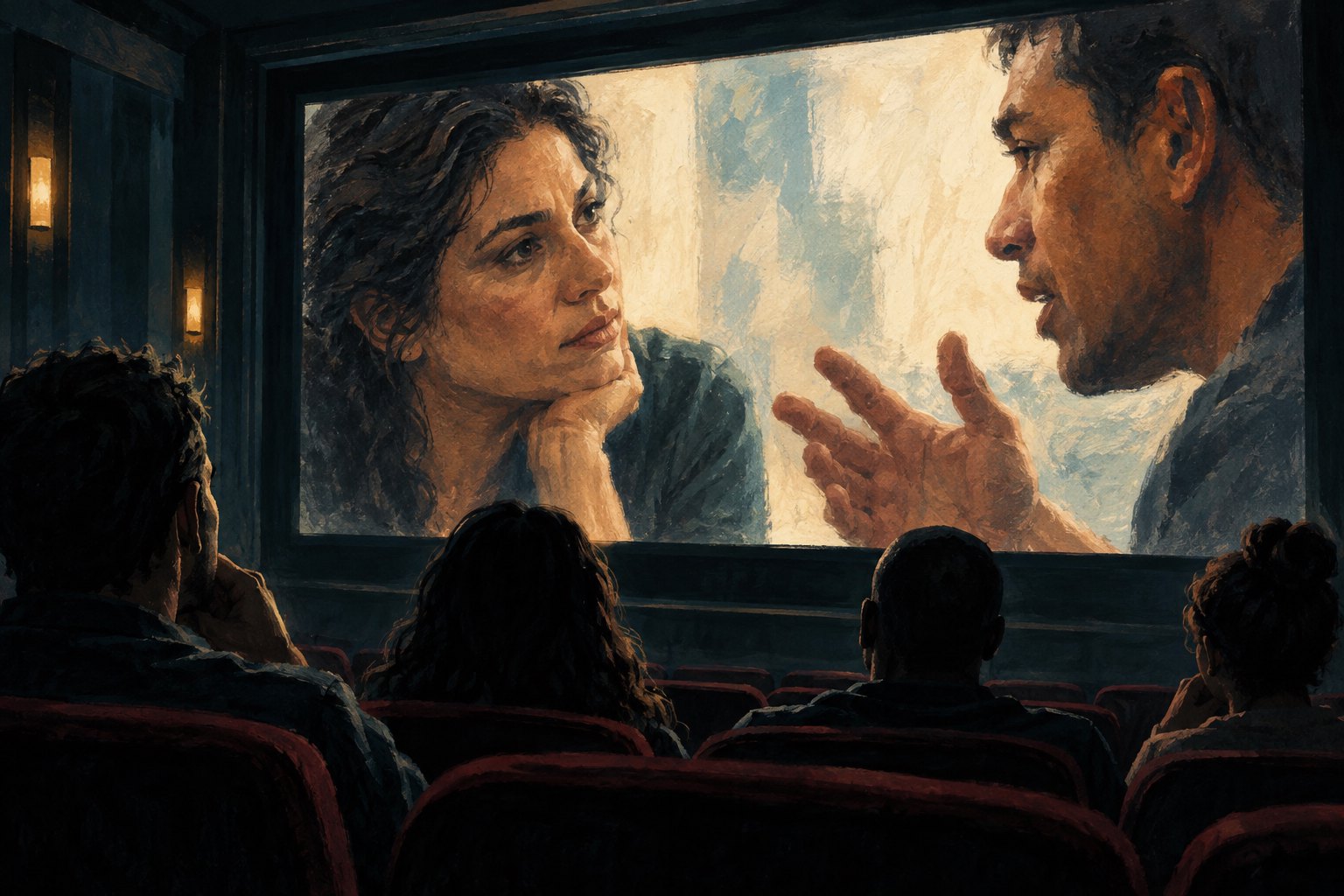 Conceptual illustration of theatergoers watching two fictional adults in conversation on a large movie screen.