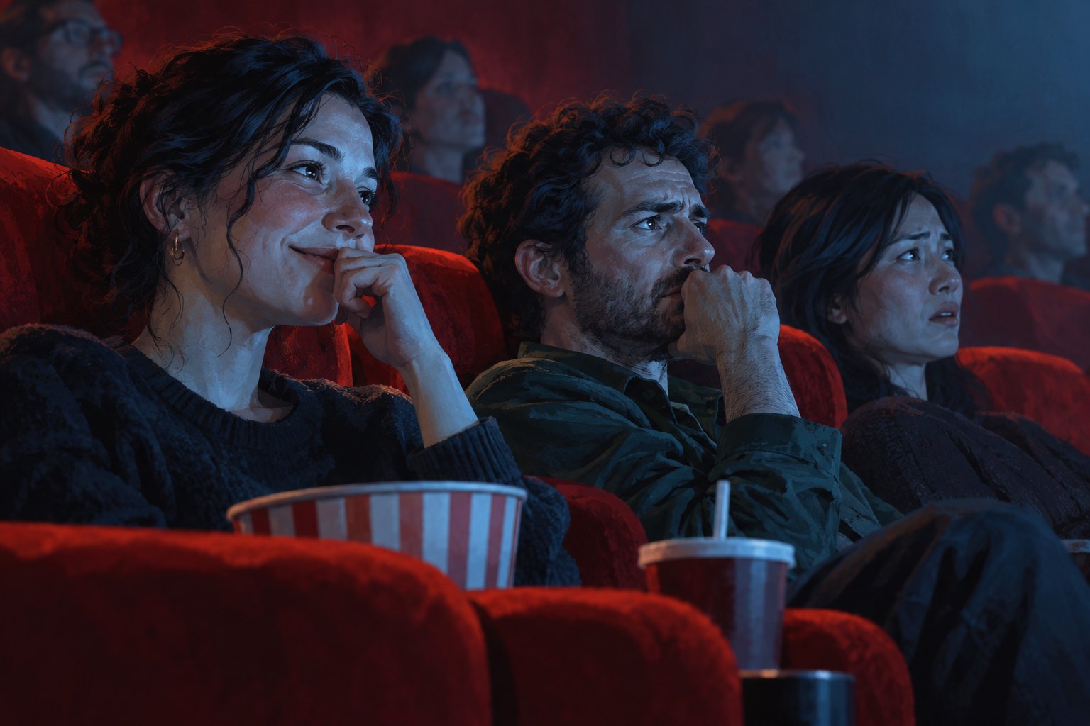 Conceptual illustration of three cinema spectators watching with a mixture of amusement and concern.