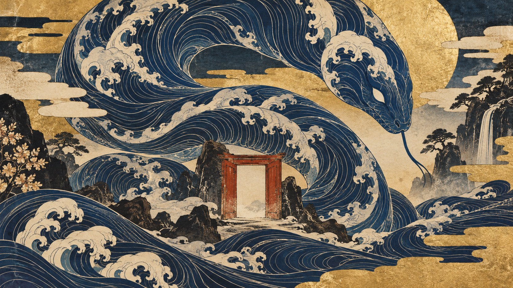 靛藍波浪構成巨大的蛇形輪廓，環繞朱紅門框的浮世繪風格概念插畫，非電影劇照