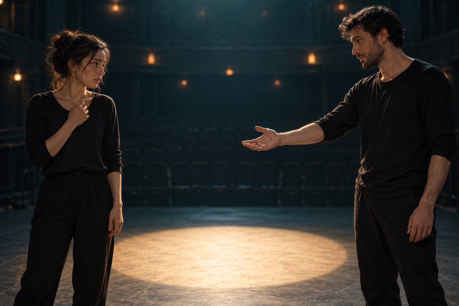 Conceptual illustration of two performers rehearsing a hesitant exchange beside a spotlight on a bare stage.